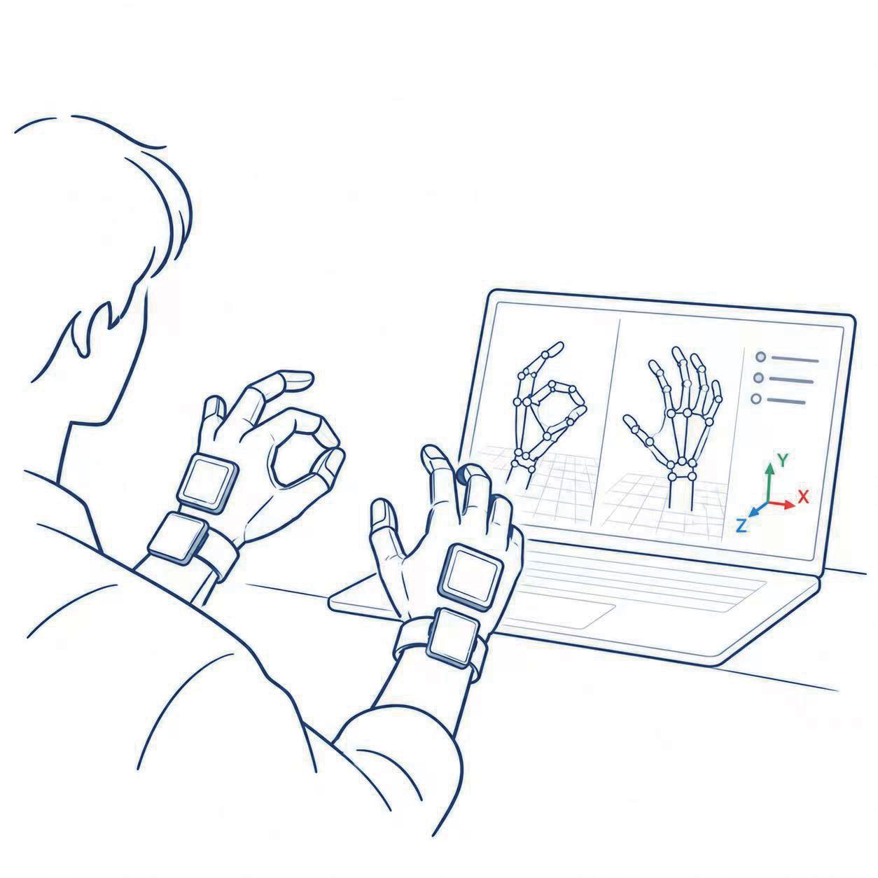 Low-latency real-time pose feedback — 10 ms wired, 30 ms wireless